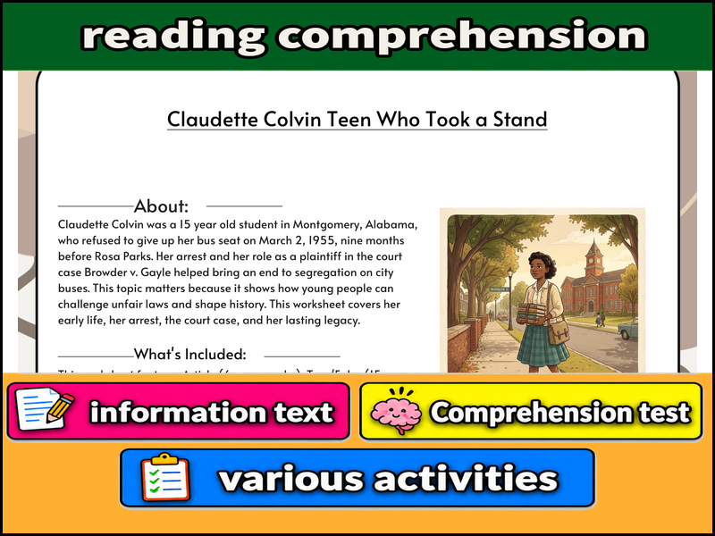 Claudette Colvin Teen Who Took a Stand :  & Comprehension Test