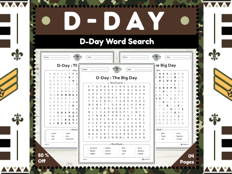 D-Day Word Search Puzzle Activity : Invasion of Normandy No Prep Worksheet