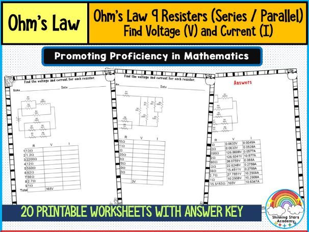 Ohm’s Law – 9 Resistors (Series / Parallel) (Find Voltage (V) and Current (I)) Worksheets | Advanced