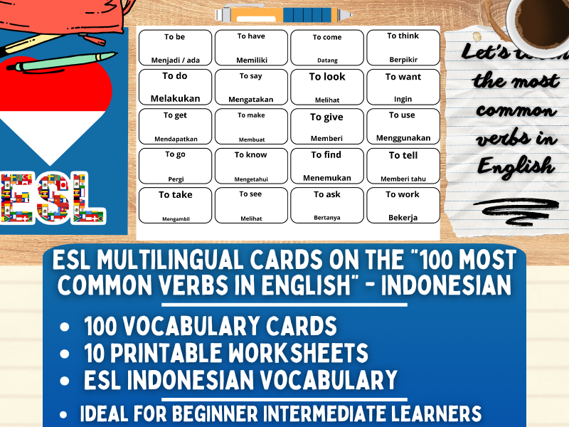 ESL Multilingual Vocabulary Flashcards - 100 most common verbs - Indonesian