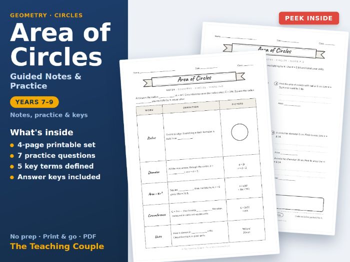 Area of Circles Guided Notes & Practice + Answer Keys | Years 7-9