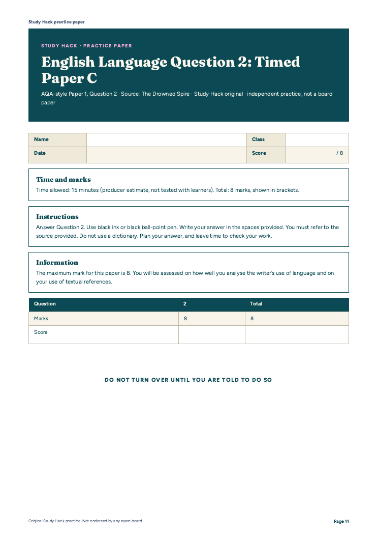 GCSE English Language Paper 1 Question 2: AQA-style language analysis ...