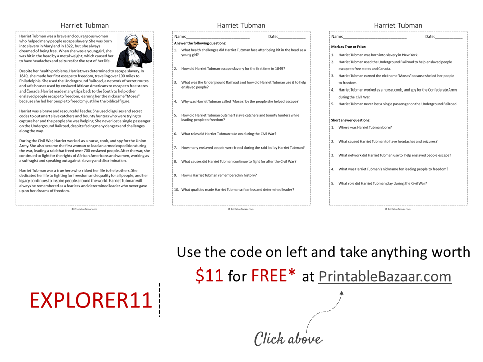 Harriet Tubman Reading Comprehension Passage Printable Worksheet ...