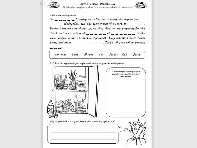 KS1/LKS2 RE Shrove Tuesday Pancake Day Activity Worksheet SEN