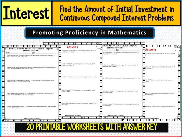 Find the Initial Investment or Principal amount in Contineous Compound Interest Problems Worksheet M