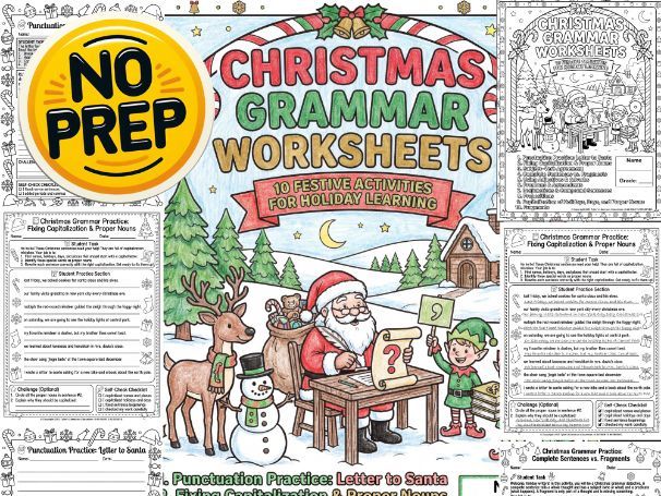 Christmas Grammar Worksheets for Grades 4-6 NO PREP December