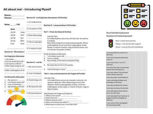 All about me! Introducing myself (German) – Assessment, Mark Scheme & Self Assessment