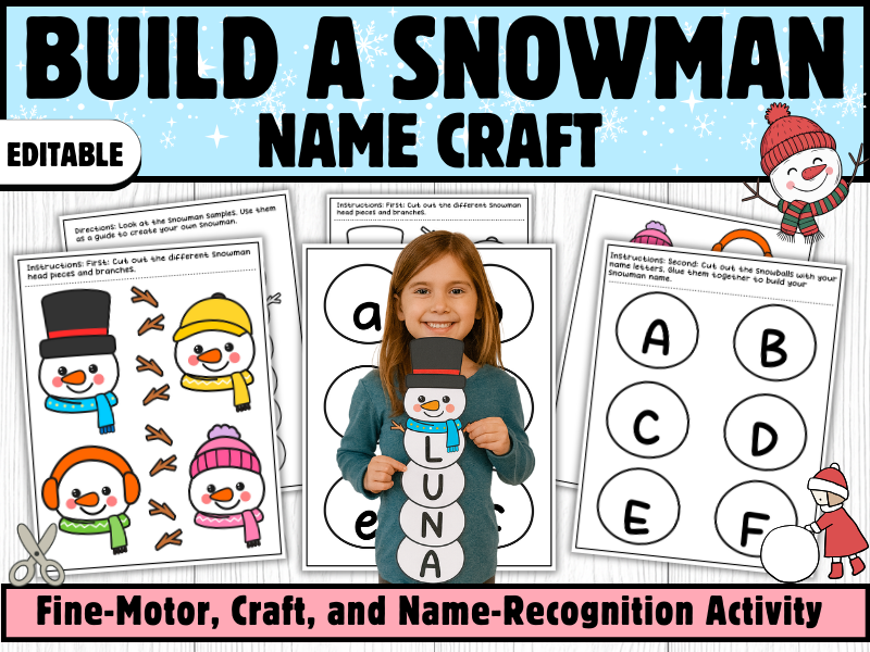 Snowman Name Craft – Editable & Printable Winter Cut and Paste Activity