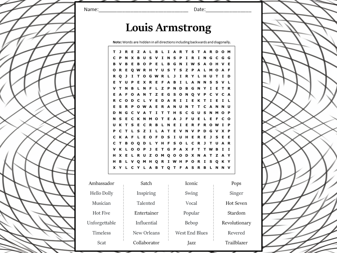Louis Armstrong Word Search Puzzle Worksheet Activity | Teaching Resources