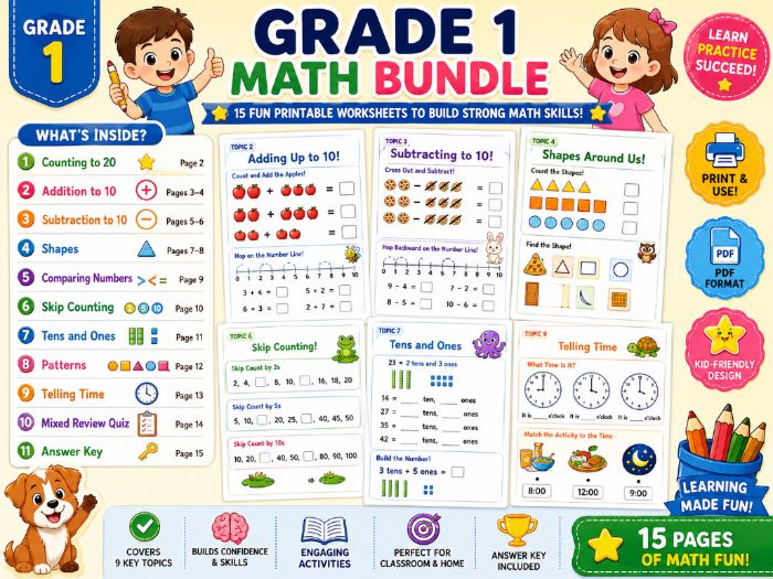 Grade 1 Math Bundle – 15 Fun Printable Worksheets | Addition, Subtraction, Shapes, Time & More