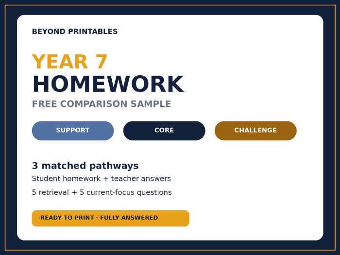Year 7 Maths Homework Free Sample | Support, Core & Challenge | Answers Included