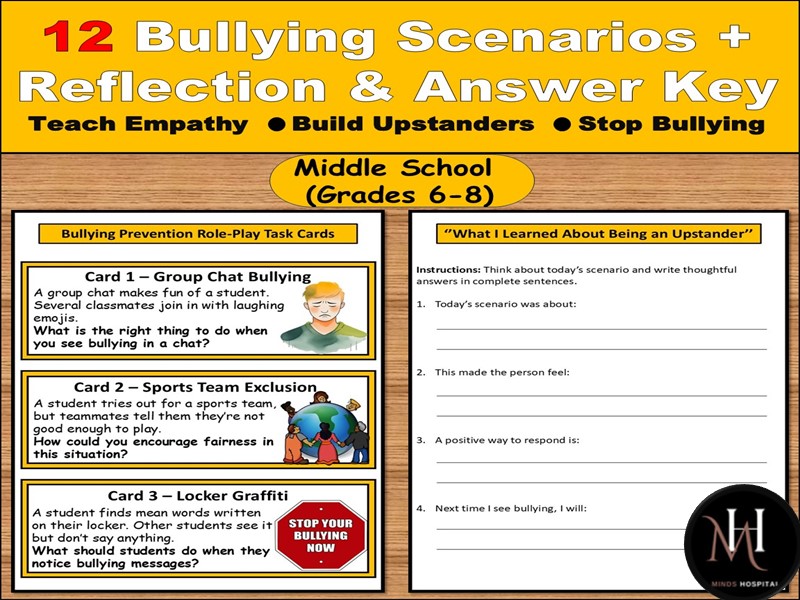 Bullying Prevention Role-Play Cards | 12 Middle School Scenarios + Reflection