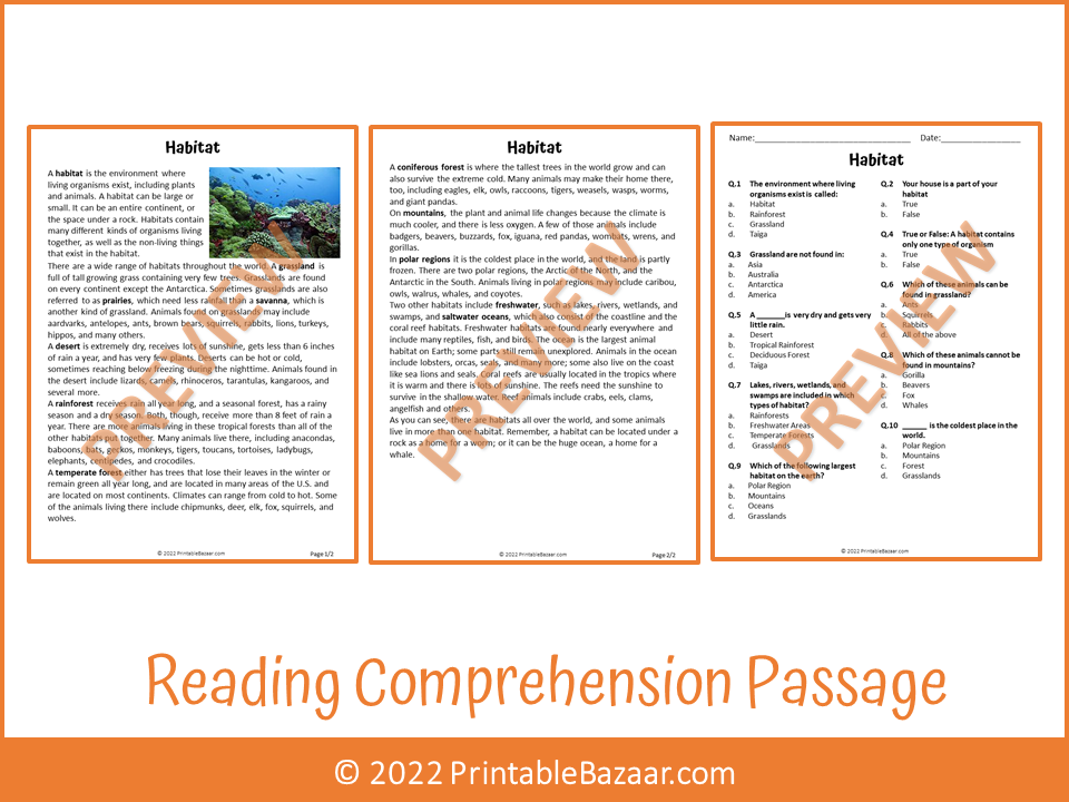 Habitat Reading Comprehension Passage and Questions PDF Teaching