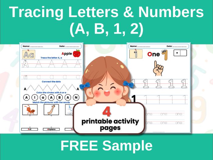 FREE Sample | Tracing Letters & Numbers (A, B, 1, 2) | Autism & Special Education