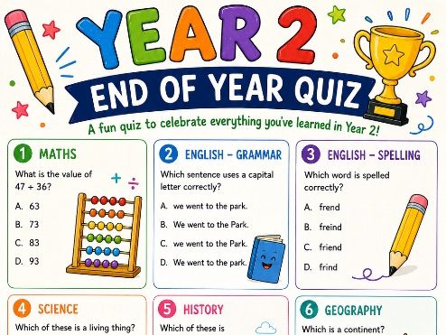 Year 2 End of Year Quiz – Fun Printable Classroom Activity Worksheet