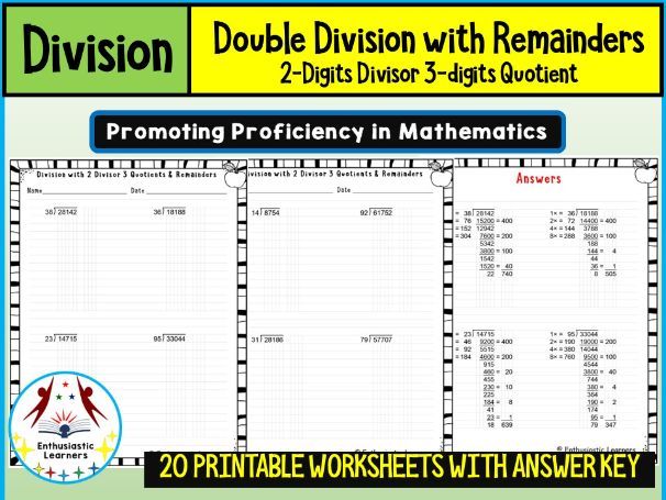 Double Division with Remainders – 2-Digit Divisor & 3-Digit Quotient Worksheets Math Problems