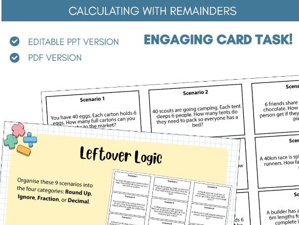 Remainders in Real Life | Card Task Activity | Four Operations