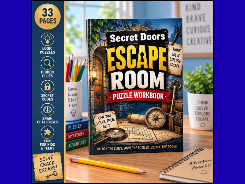 Secret Doors Escape Room Printable | 33-Page Puzzle Workbook for Ages 8–12 | Logic, Riddles, Codes,