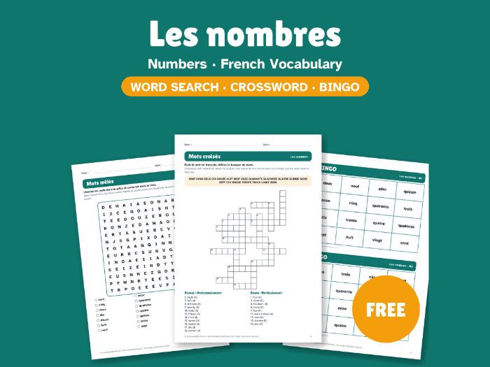 FREE French Numbers: Word Search, Crossword & Bingo