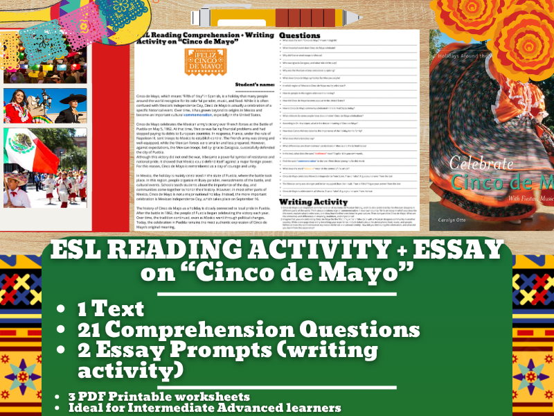 ESL Reading Comprehension + Writing Activity Worksheets - Cinco de Mayo - Mexico