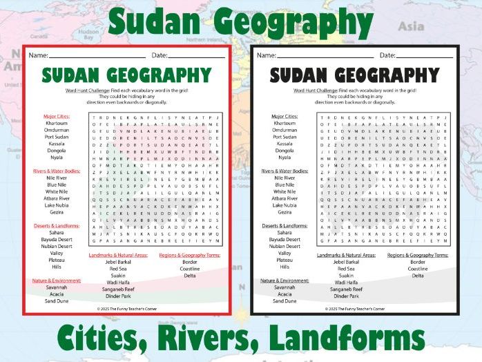 Sudan Geography Word Search | Cities, Rivers, Landforms & Landmarks Activity