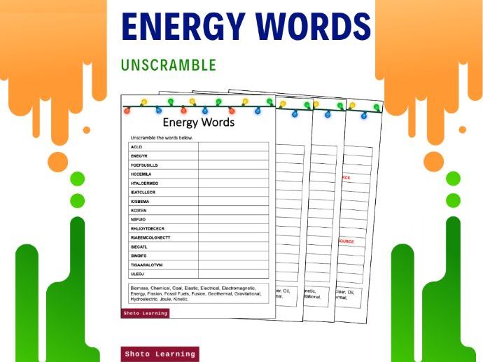 ENERGY WORDS SCIENCE ACTIVITY UNSCRAMBLE WORDS SCRAMBLE VOCABULARY