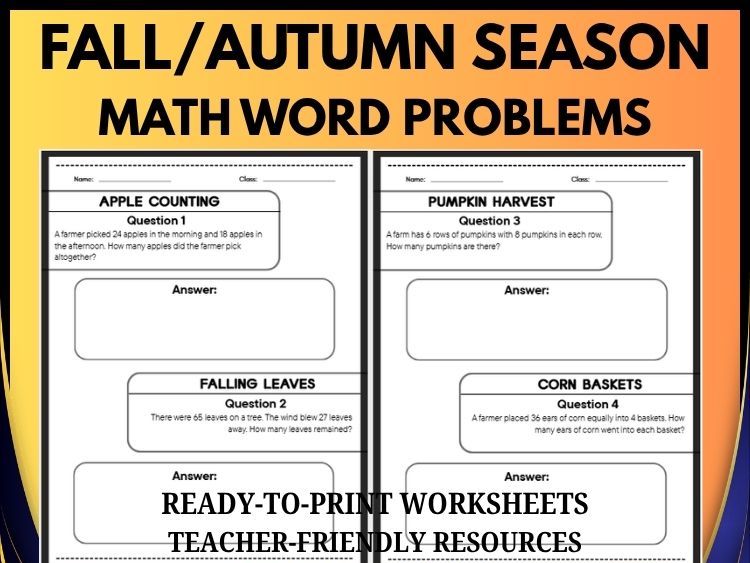 Fall Autumn Math Word Problems | 40 Problems with Answer Keys | Grades 2–8
