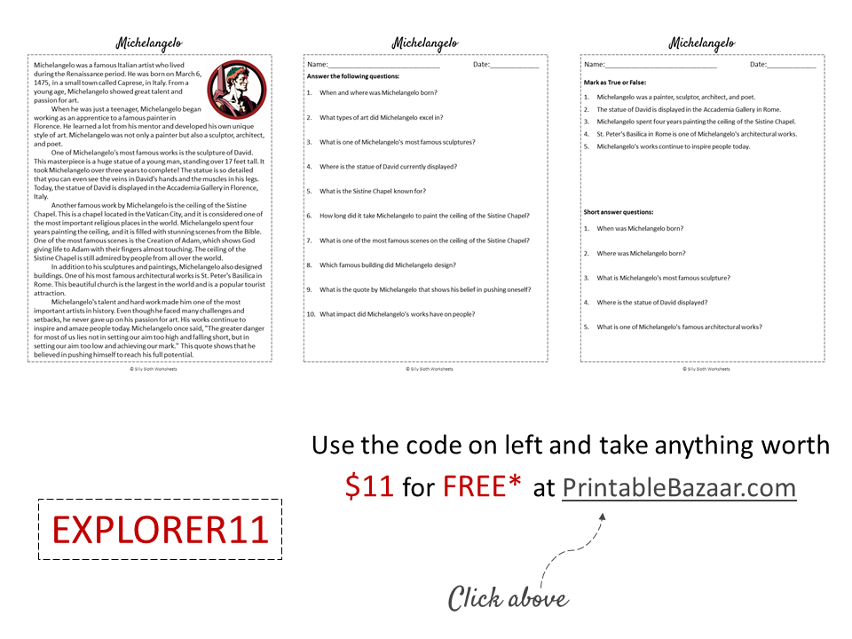 Michelangelo Biography Reading Comprehension Passage Printable ...