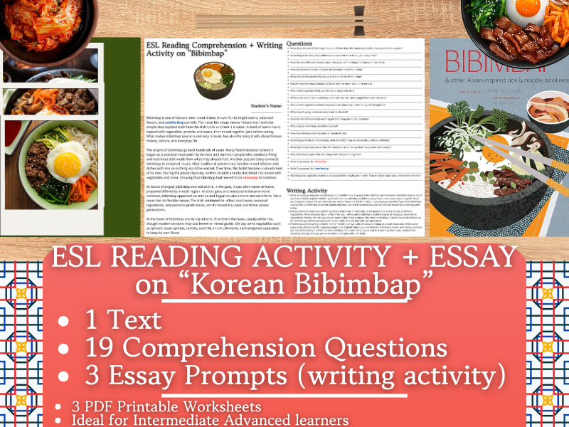 ESL Reading Comprehension + Writing Activity Worksheets on Korean Bibimbap