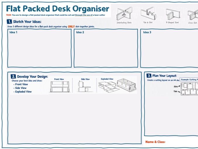 D&T Cover Work: Flat Packed Desk Tidy - printable A3 sheet (2 hrs)