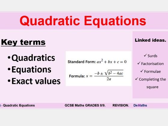 Quadratic Equations - Revision for Grades 8/9 - PDF
