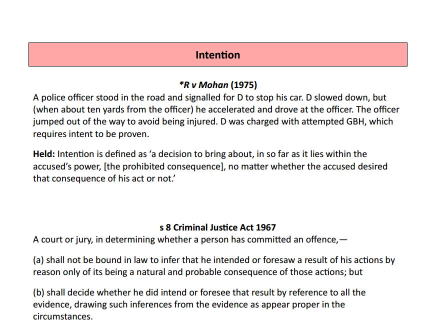 Mens rea - case and statute list for AQA A-level law