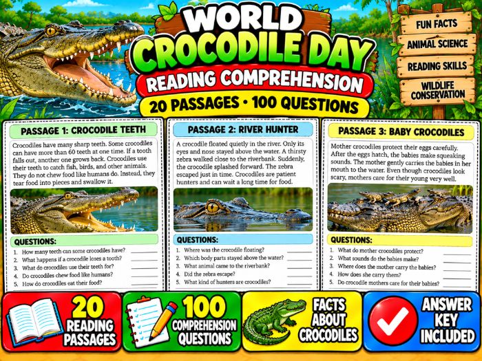World Crocodile Day Reading Comprehension | 20 Passages, 100 Questions & Answer Key