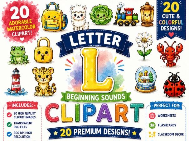 Letter L Beginning Sounds Clipart | Watercolor Alphabet Clipart