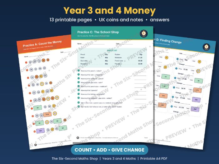Year 3 and 4 Money Worksheets Pack