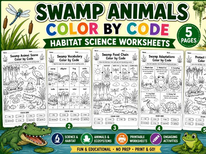 Swamp Animals Color by Code Worksheets | Habitat Science Coloring Pages | K–3