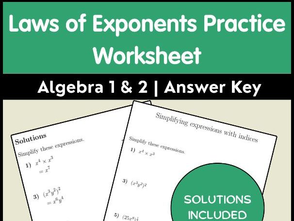 Laws of Exponents Practice Worksheet - Algebra 1 & 2 | Answer Key