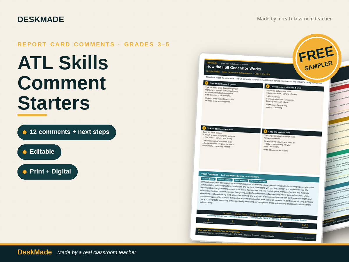 Free ATL Comment Starters | Grades 3–5 | 12 Report Card Comments + Next Steps