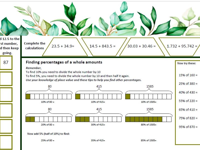 percentages home learning worksheets teaching resources