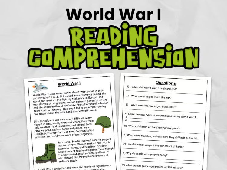 World War I Reading Comprehension for Grades 3 - 5 | Guided Reading Task