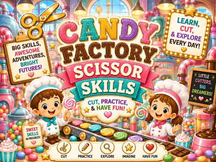 Candy Factory Scissor Skills Worksheets | Cutting Practice & Fine Motor Activities | Preschool–1st