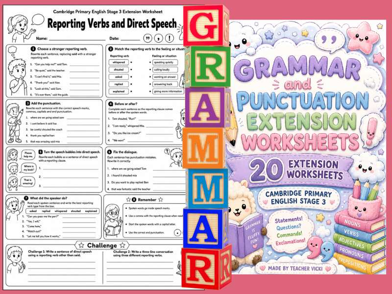 Grammar and Punctuation Extension Worksheets | Grade 3 English | 20 Activities