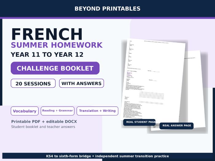 FREE French Summer Homework Booklet A LEVEL PREPARATION Year 11 to Year 12 Challenge