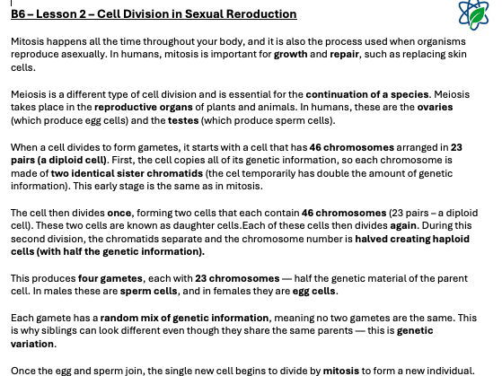 B12/L2 - Meiosis Worksheet Lesson Worksheet With Answers / GCSE / AQA/ Combined Science