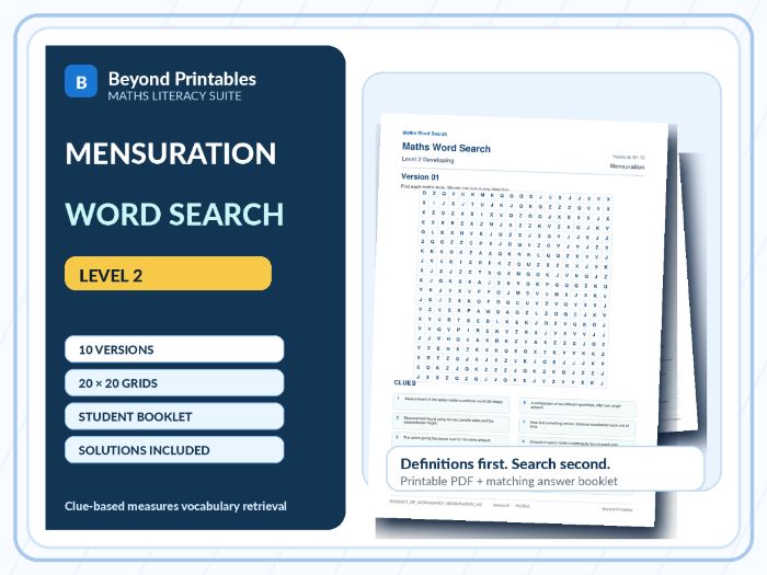 Mensuration Level 2 Maths Word Search | 10 Printable Vocabulary Puzzles with Solutions