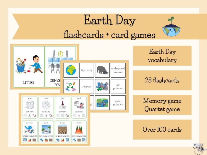 Earth Day flashcards, memory game, quartet game - printable PDF