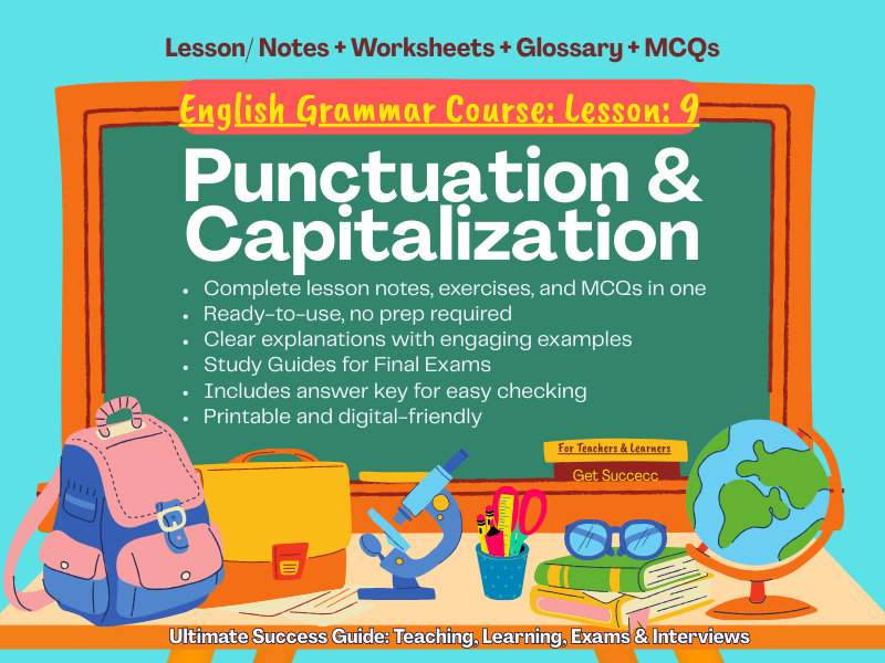 Learn punctuation and capitalization rules with easy notes, examples, and exercises.
