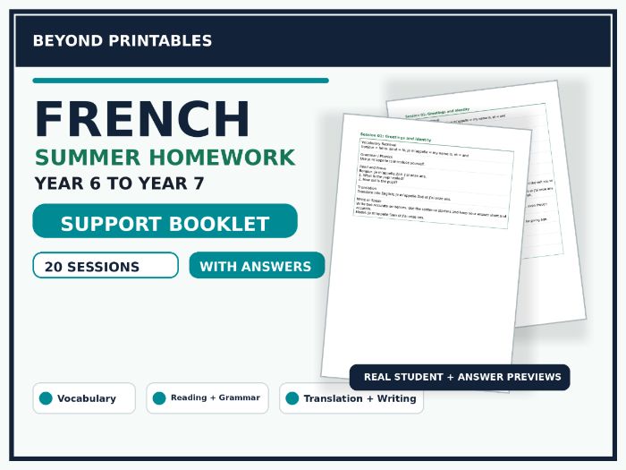 French Summer Homework Booklet Year 6 to Year 7 Support with Answers
