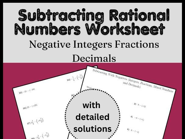Subtracting Rational Numbers Worksheet | Negative Integers Fractions Decimals