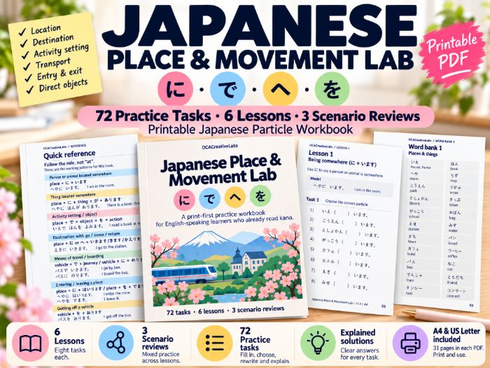 Japanese Particles に で へ を Worksheets